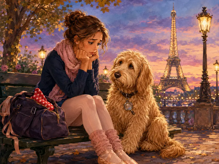 Koa sitting with a young dancer in Paris